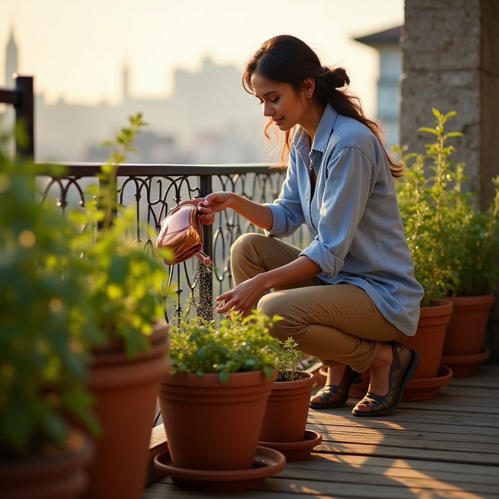Giardinaggio urbano su balcone con piante aromatiche