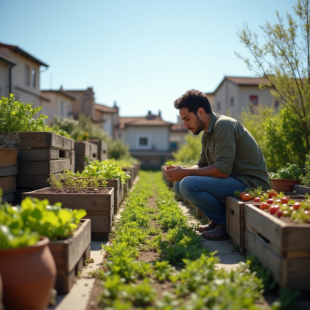Orto urbano con vasi e piante aromatiche sul balcone